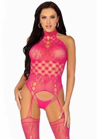 Мереживний бодістокінг з відкритим доступом Leg Avenue High neck lace bodystocking One size Raspberr SO8572 - онлайн-сексшоп Сквітер
