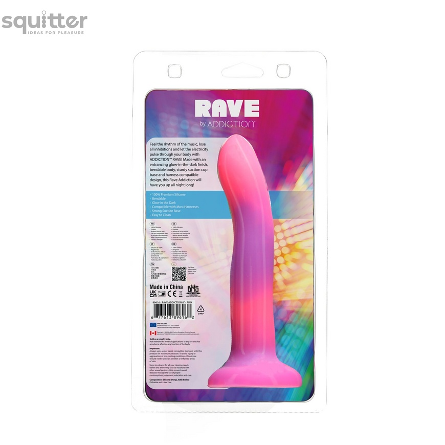 Светящийся в темноте фаллоимитатор ADDICTION Rave 8″ Glow in the Dark Dildo Pink Purple, 20,3 см SO6850 фото