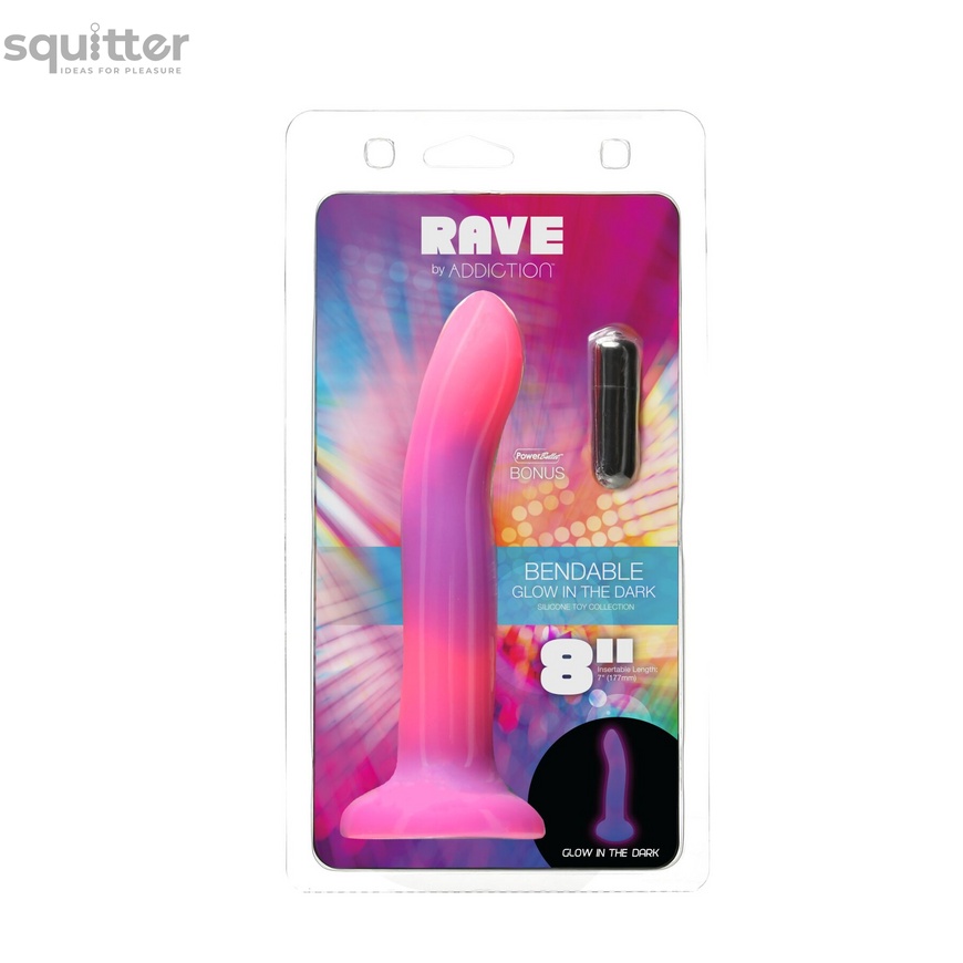 Светящийся в темноте фаллоимитатор ADDICTION Rave 8″ Glow in the Dark Dildo Pink Purple, 20,3 см SO6850 фото