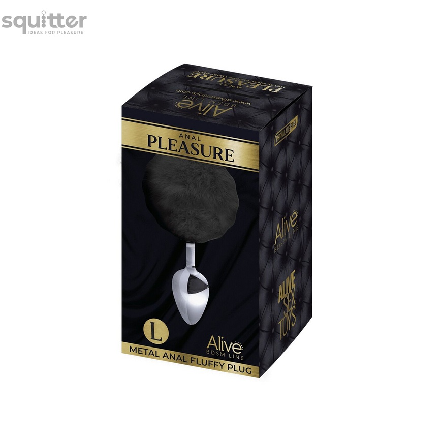 Металлическая анальная пробка Кроличий хвостик Alive Fluffy Plug L Black, диаметр 3,9 см SO6318 фото