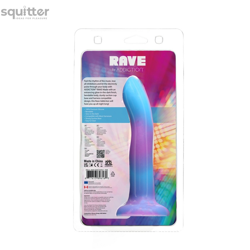 Светящийся в темноте фаллоимитатор ADDICTION Rave 8″ Glow in the Dark Dildo Blue Purple, 20,3 см SO6851 фото