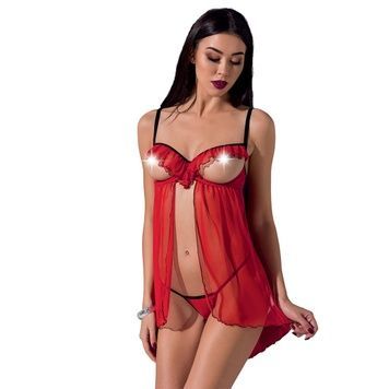 Прозорий пеньюар з відкритими грудьми CHERRY CHEMISE red L/XL - Passion Exclusive, трусики PS25501 - онлайн-сексшоп Сквітер