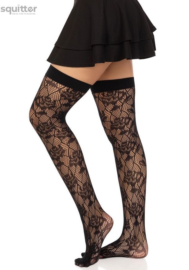 Панчохи Leg Avenue Wild rose net thigh highs, One Size, чорні, широка резинка, малюнок-троянди SX1042 - онлайн-сексшоп Сквітер