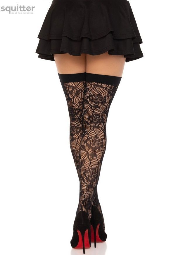 Панчохи Leg Avenue Wild rose net thigh highs, One Size, чорні, широка резинка, малюнок-троянди SX1042 - онлайн-сексшоп Сквітер