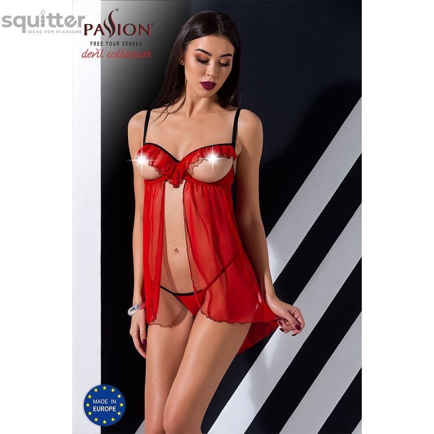 Прозорий пеньюар з відкритими грудьми CHERRY CHEMISE red L/XL - Passion Exclusive, трусики PS25501 - онлайн-сексшоп Сквітер