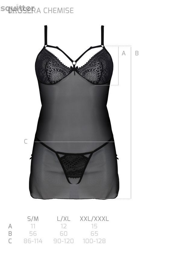 Пеньюар Passion DROSERA CHEMISE black, L/XL, мереживний ліф зі стрепами, трусики в комплекті SX0473 - онлайн-сексшоп Сквітер