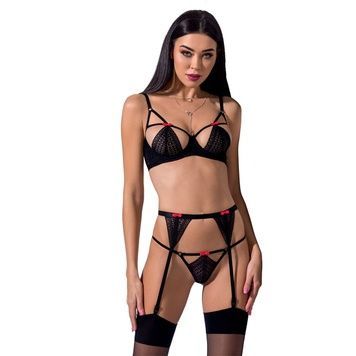 Комплект білизни PERDITA SET black L/XL - Passion Exclusive: стрепи: ліф, стрінги і пояс для панчох PS26504 - онлайн-сексшоп Сквітер