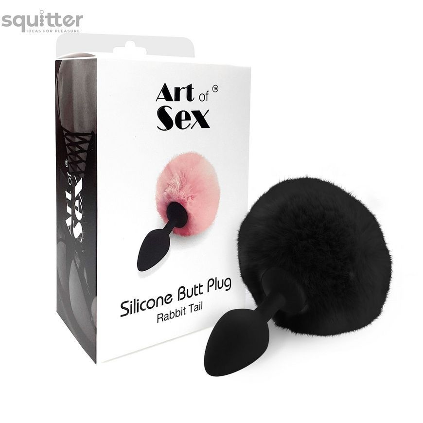 Силіконова анальна пробка М Art of Sex - Silicone Butt plug Rabbit Tail Black, діаметр 3,5 см SO6694 - онлайн-сексшоп Сквітер