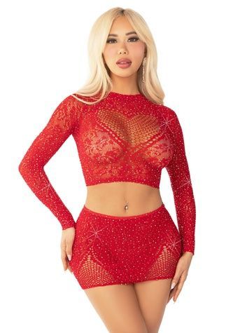 Комплект Leg Avenue Rhinestone Crop Top and Mini Skirt One Size, Red SX1745 - онлайн-сексшоп Сквітер