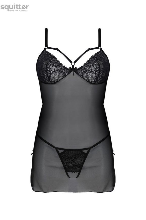 Пеньюар Passion DROSERA CHEMISE black, XXL/XXXL, мереживний ліф зі стрепами, трусики в комплекті SX0475 - онлайн-сексшоп Сквітер