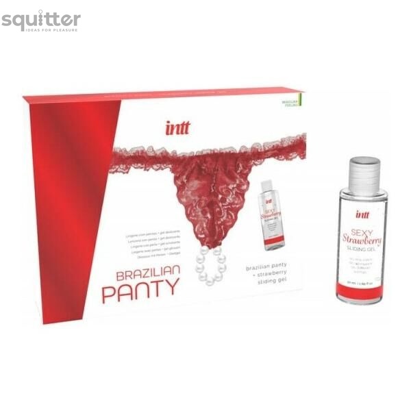 Набор Intt BRAZILIAN PANTY RED: трусики на завязках S-XL с жемчужным кольцом + клубничный лубрикант SO7128 фото