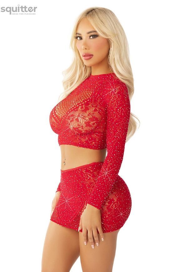 Комплект Leg Avenue Rhinestone Crop Top and Mini Skirt One Size, Red SX1745 - онлайн-сексшоп Сквітер