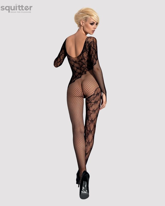 Бодистокинг Obsessive Bodystocking F210 S/M/L black, рукава-митенки, сетка, цветное кружево SO7221 - онлайн-сексшоп Сквитер