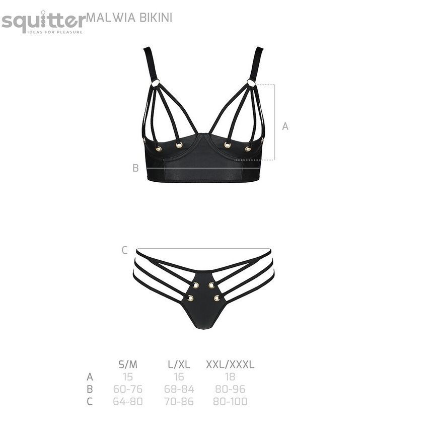 Комплект з екошкіри з люверсами та ремінцями Passion MALWIA BIKINI L/XL, black, бра та трусики SO5762 - онлайн-сексшоп Сквітер