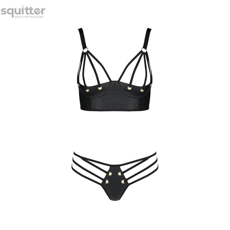 Комплект з екошкіри з люверсами та ремінцями Passion MALWIA BIKINI L/XL, black, бра та трусики SO5762 - онлайн-сексшоп Сквітер