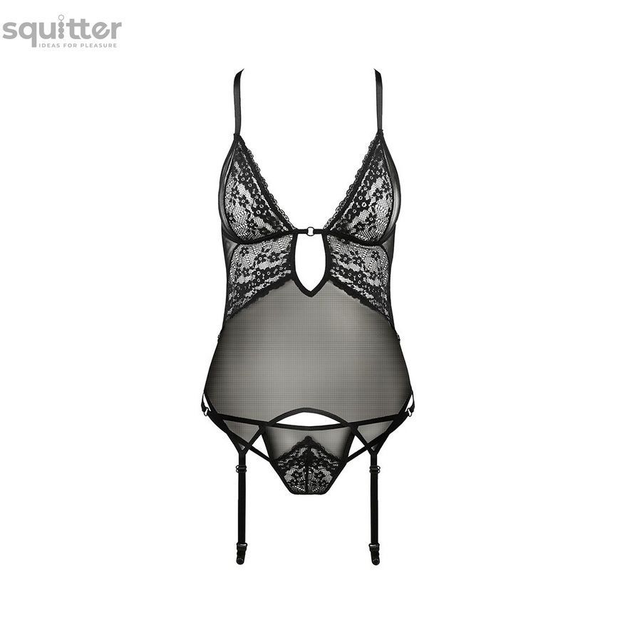 Корсет з декольте Passion ERZA CORSET L/XL, black, пажі, трусики, напівпрозорий PS26007 - онлайн-сексшоп Сквітер