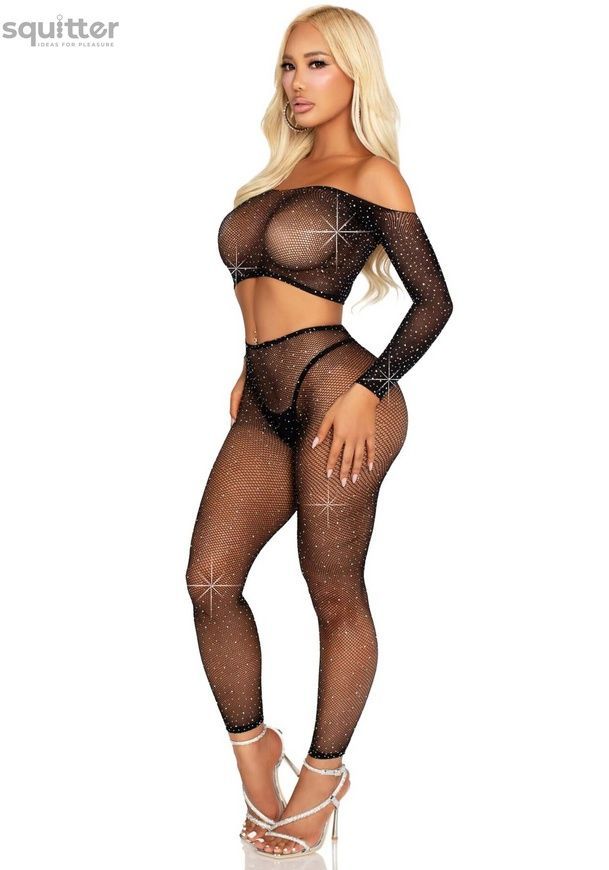 Комплект Leg Avenue Rhinestone Fishnet Crop Top and Legging One Size Black SX2756 - онлайн-сексшоп Сквітер