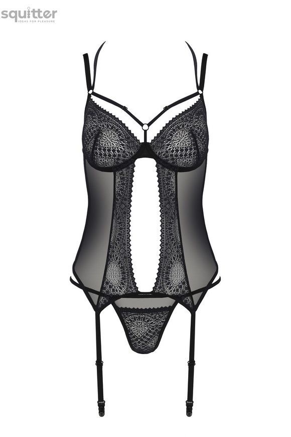 Корсет Passion DROSERA CORSET black, S/M, з кріпленнями для панчіх, трусики в комплекті SX0477 - онлайн-сексшоп Сквітер