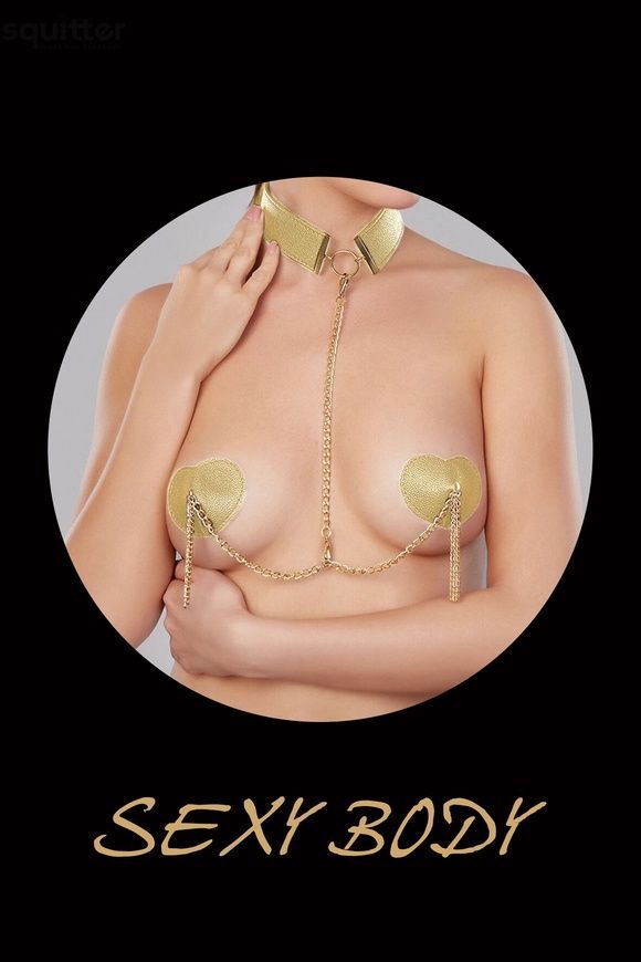Пестис-сердечка з пензликами та чокером JSY Nipple Sticker RT236114 Golden SX3758 - онлайн-сексшоп Сквітер
