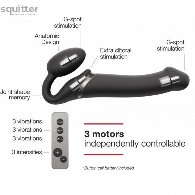 Безремневой страпон с вибрацией Strap-On-Me Vibrating Black M, диаметр 3,3см, пульт ДУ, регулируемый SO3354 - онлайн-сексшоп Сквитер