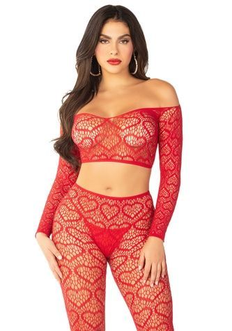 Комплект Leg Avenue Off The Shoulder Top and Footless Tights One Size, Red SX1749 - онлайн-сексшоп Сквітер