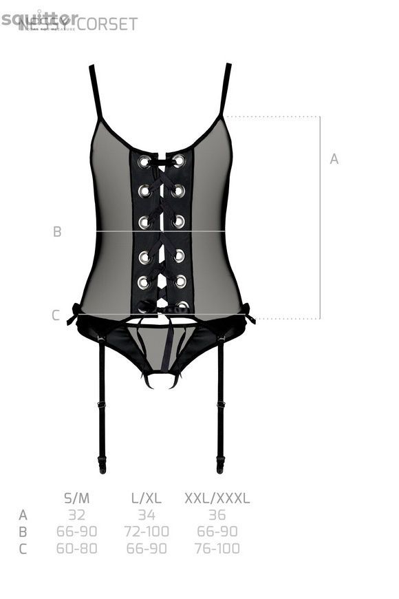 Корсет со шнуровкой Passion NESSY CORSET L/XL black, стринги с открытым доступом, пажи для чулок SO8454 - онлайн-сексшоп Сквитер