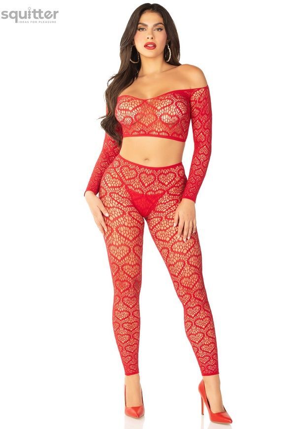 Комплект Leg Avenue Off The Shoulder Top and Footless Tights One Size, Red SX1749 - онлайн-сексшоп Сквітер