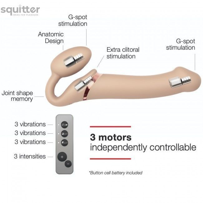 Безремневой страпон с вибрацией Strap-On-Me Vibrating Flesh M, диаметр 3,3см, пульт ДУ, регулируемый SO3355 - онлайн-сексшоп Сквитер