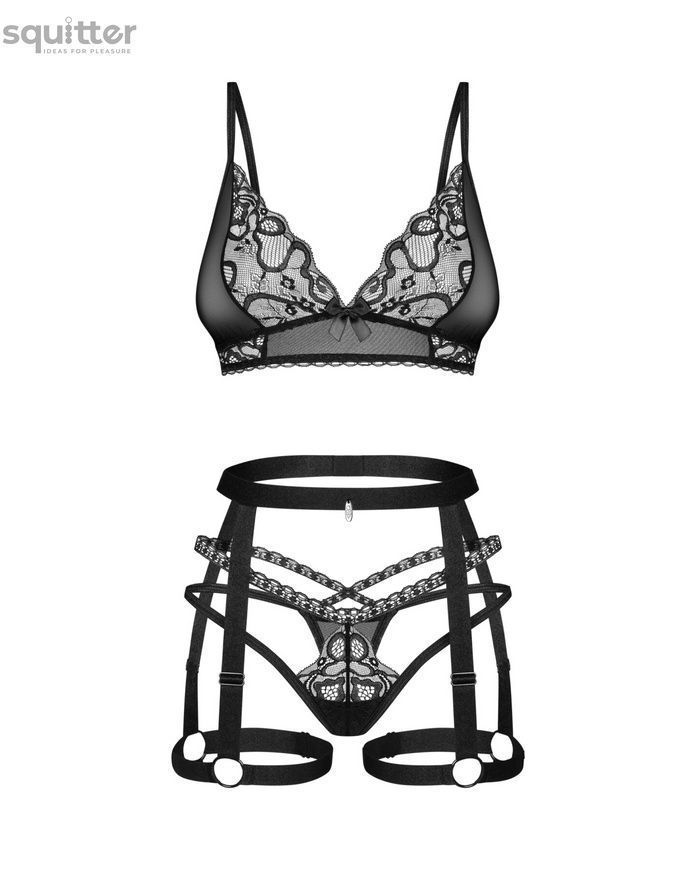 Комплект Obsessive Blomentis 3-pcs set, XS/S, м&rsquo;який ліф, стрінги зі стрепами, пояс із гартерами SX1033 - онлайн-сексшоп Сквітер