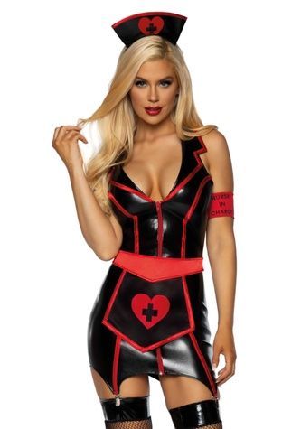 Виниловый костюм медсестры Leg Avenue Vinyl Naughty Nurse S, платье, фартук, повязки на голову и рук SO7927 - онлайн-сексшоп Сквитер