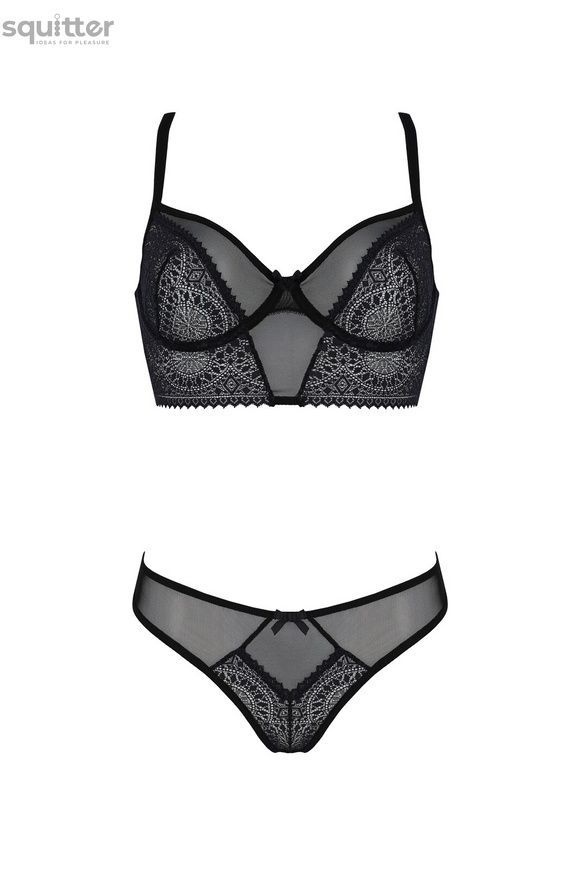 Комплект Passion DROSERA SET black S/M, сітка+мереживо, бюстьє та трусики танга SX0480 - онлайн-сексшоп Сквітер