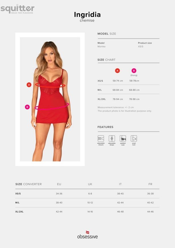 Пеньюар Obsessive Ingridia chemise & thong XS/S, червоний, сорочка, стрінги SO9036 - онлайн-сексшоп Сквітер