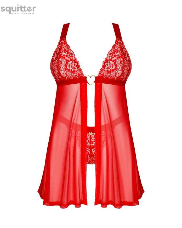 Бебі-дол Obsessive Elianes babydoll & thong, XL/2XL, червоний, мереживний ліф, трусики-танга в наборі SX1145 - онлайн-сексшоп Сквітер