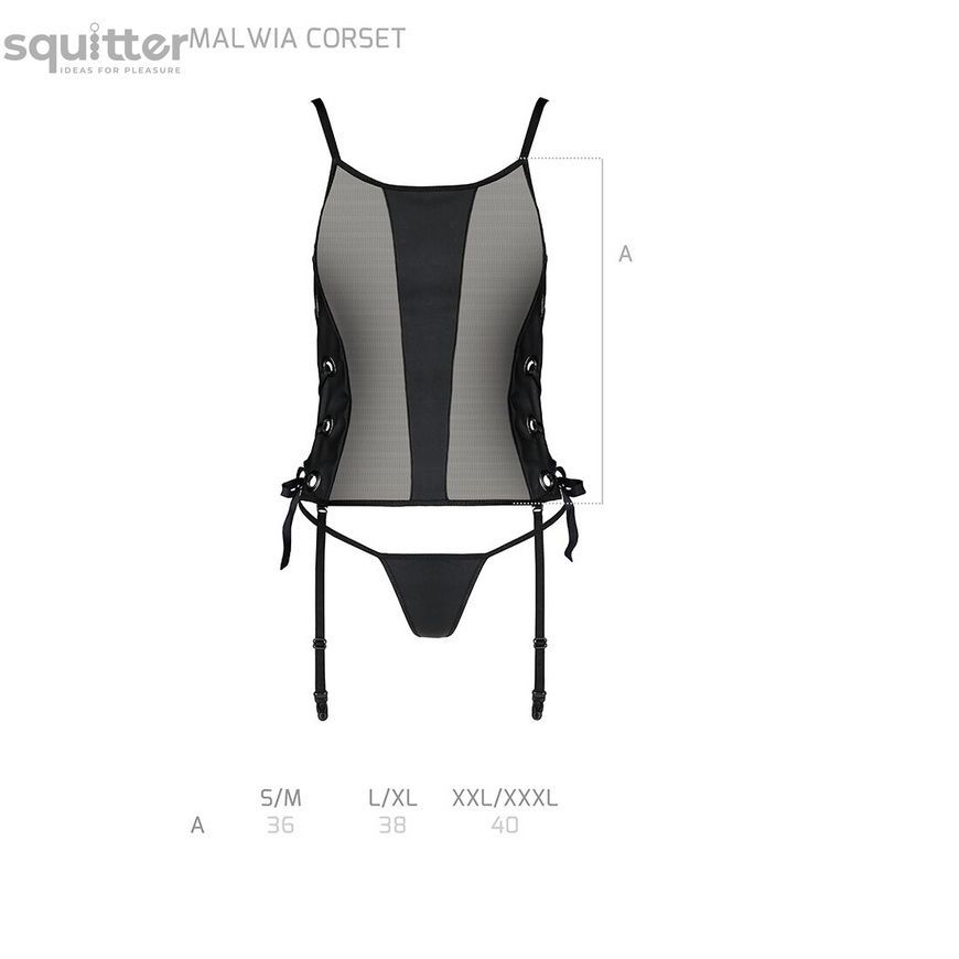 Сітчастий корсет з люверсами і знімними пажами Passion MALWIA CORSET 2XL/3XL black екошкіра, стрінги SO5767 - онлайн-сексшоп Сквітер