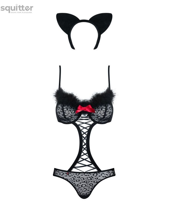Эротический костюм гепарда Obsessive Gepardina 3 pcs costume L/XL, черный, меховая отделка, монокини SO7277 - онлайн-сексшоп Сквитер