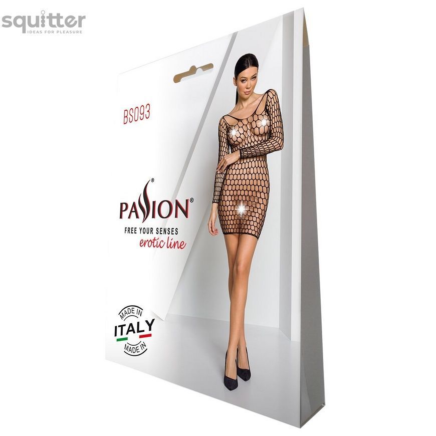 Бодистокинг-платье с глубоким воротом Passion BS093 black, длинные рукава SO6397 - онлайн-сексшоп Сквитер