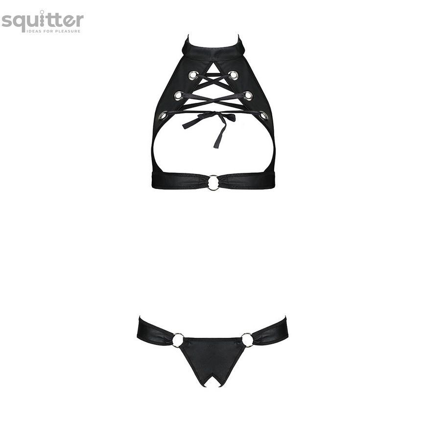 Комплект: открытый топ и трусики из эко-кожи с люверсами Malwia Set with Open Bra black S/M &mdash; Passio SO5769 - онлайн-сексшоп Сквитер
