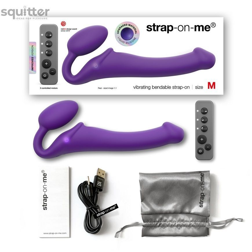 Безремінний страпон з вібрацією Strap-On-Me Vibrating Violet M, діаметр 3,8 см, пульт ДК, регульований SO3825 - онлайн-сексшоп Сквітер
