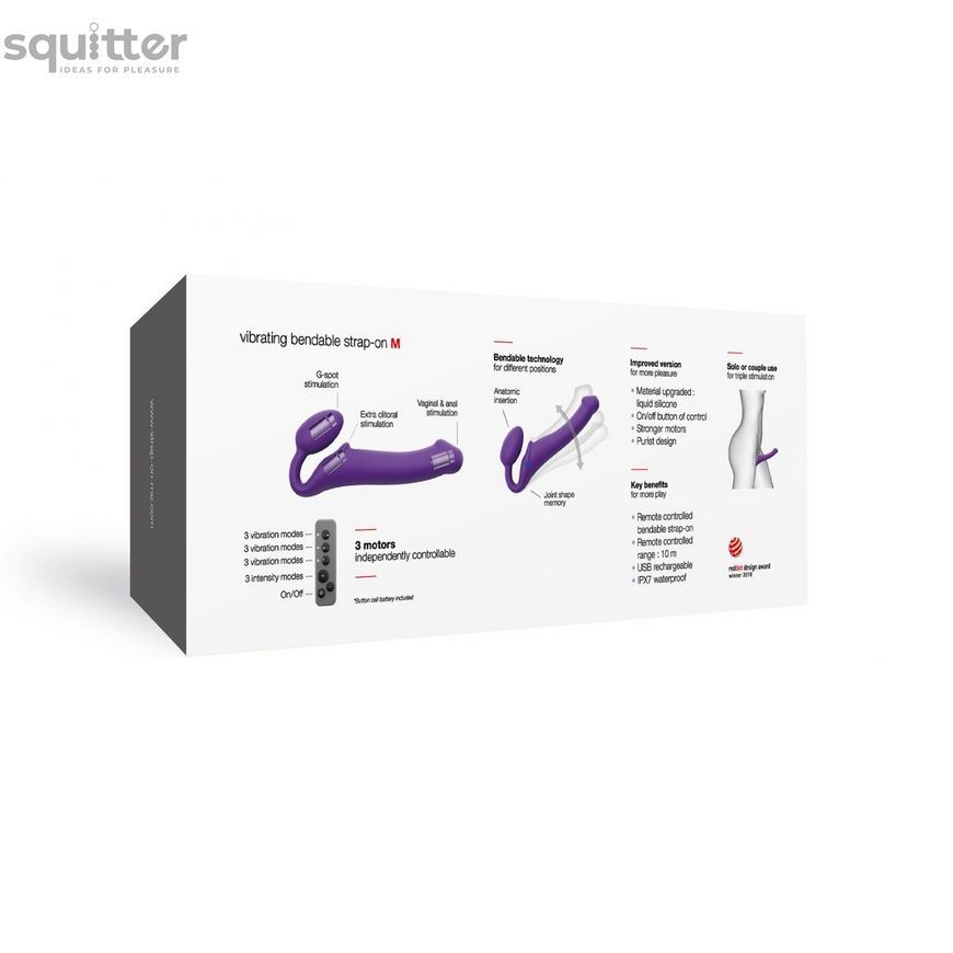 Безремінний страпон з вібрацією Strap-On-Me Vibrating Violet M, діаметр 3,8 см, пульт ДК, регульований SO3825 - онлайн-сексшоп Сквітер
