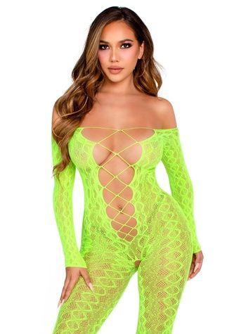 Бодістокінг Leg Avenue Crotchless Footless Lingerie Bodystocking One Size Neon Green SX2777 - онлайн-сексшоп Сквітер