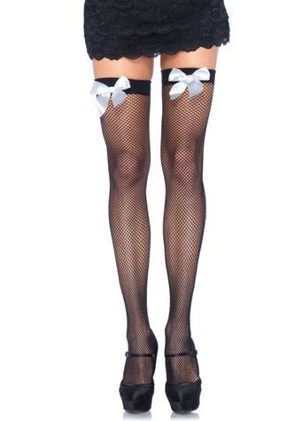 Leg Avenue Fishnet Thigh Highs With Bow OS Black & White SO8598 - онлайн-сексшоп Сквитер