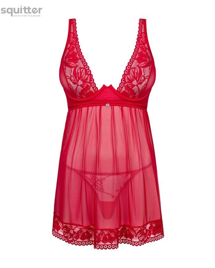 Прозора сорочка бебі-дол Obsessive Lacelove babydoll & thong M/L Red, мереживо, стрінги SO8647 - онлайн-сексшоп Сквітер