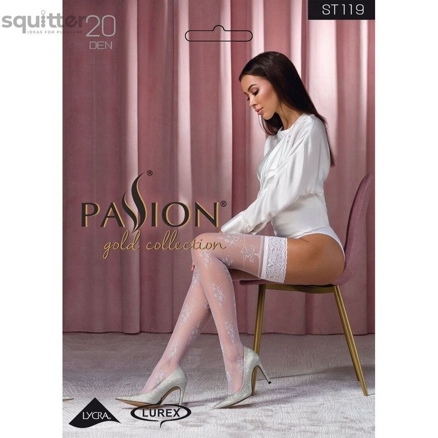 Чулки Passion ST119 5 белые, на ажурной силиконовой резинке, с цветочным декором и люрексовой нитью SO5784 - онлайн-сексшоп Сквитер