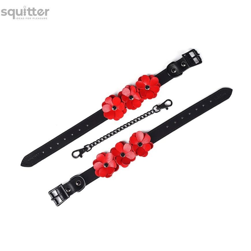 Поножі Liebe Seele Flower Rhythm - Black and Red Leather Flowers Hand Cuffs SX4840 - онлайн-сексшоп Сквітер