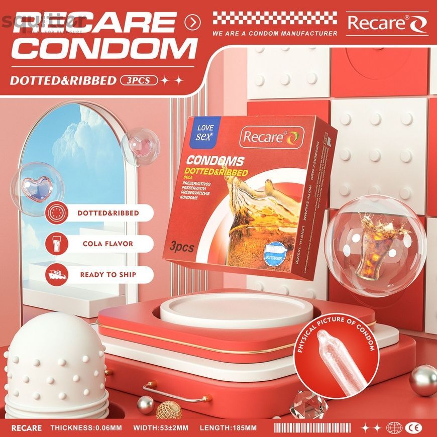 Презервативи Recare Cola Dotted&Ribbed Condoms 3 шт, з пухирцями та ребрами, аромат: Кола SX3319 - онлайн-сексшоп Сквітер
