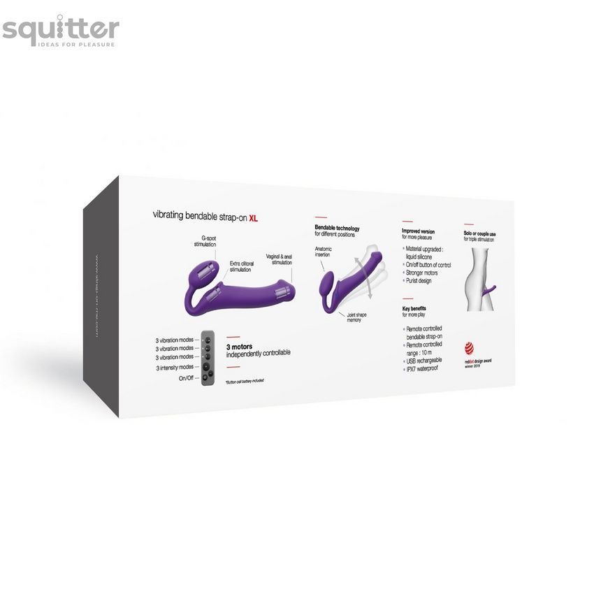 Безремневой страпон с вибрацией Strap-On-Me Vibrating Violet XL, диам. 4,5см, пульт ДУ, регулируемый SO3827 - онлайн-сексшоп Сквитер