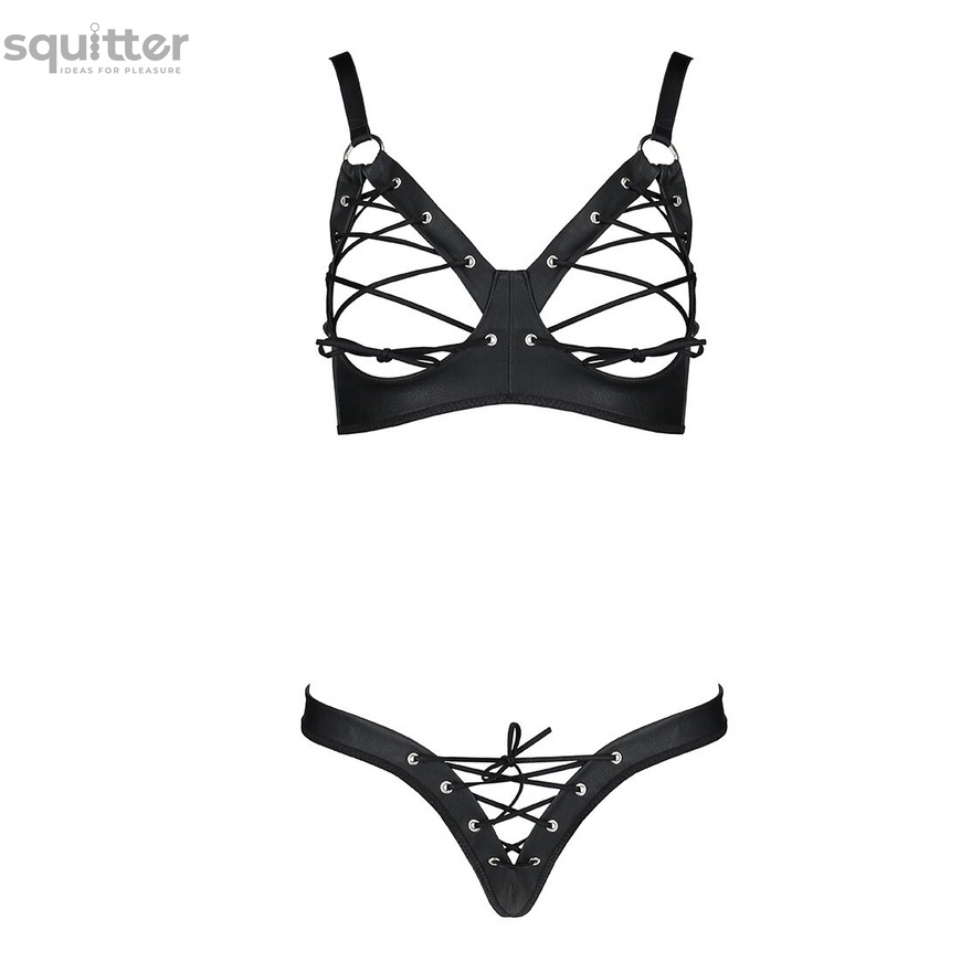 Комплект з екошкіри Celine Bikini black L/XL — Passion: відкритий бра зі стрічками, стрінги зі шнурі SO6400 фото