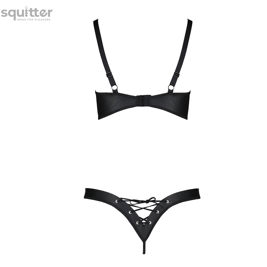 Комплект з екошкіри Celine Bikini black L/XL — Passion: відкритий бра зі стрічками, стрінги зі шнурі SO6400 фото