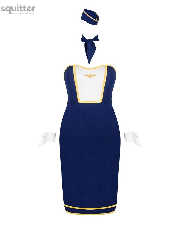 Эротический костюм стюардессы Obsessive Stewardess uniform XS/S, blue, платье, пилотка, шарф, манжет SO7729 - онлайн-сексшоп Сквитер