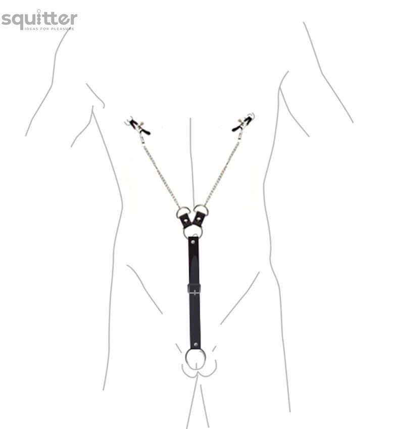 Зажимы для сосков с фиксацией на мошонке Nipple Clamps for Men, Эко кожа SO5146 фото